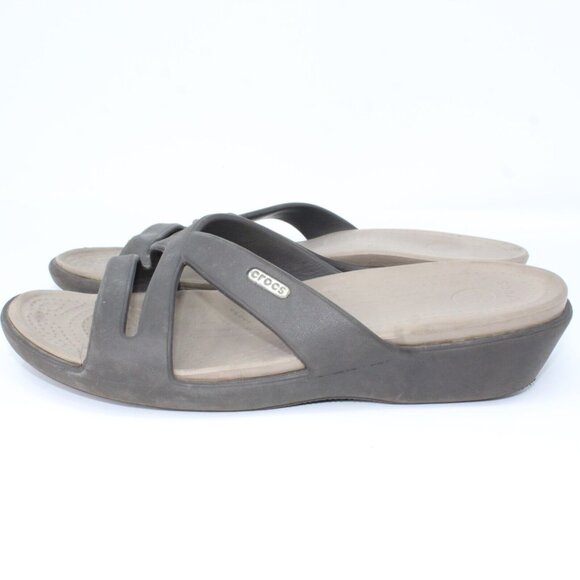 Crocs Women's 9M Dark Brown Beige Slip On Criss Cross Strap Wedge Rhonda Sandals - Picture 6 of 8